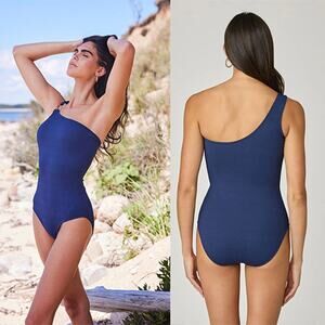 NWT Shoshanna Ring One Shoulder Geo One Piece Lined Swimsuit Navy Blue Size 10
